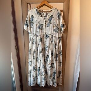 Cotton Maxi Prairie Dress Blue/Brown Floral Medium Cottage Core Vintage